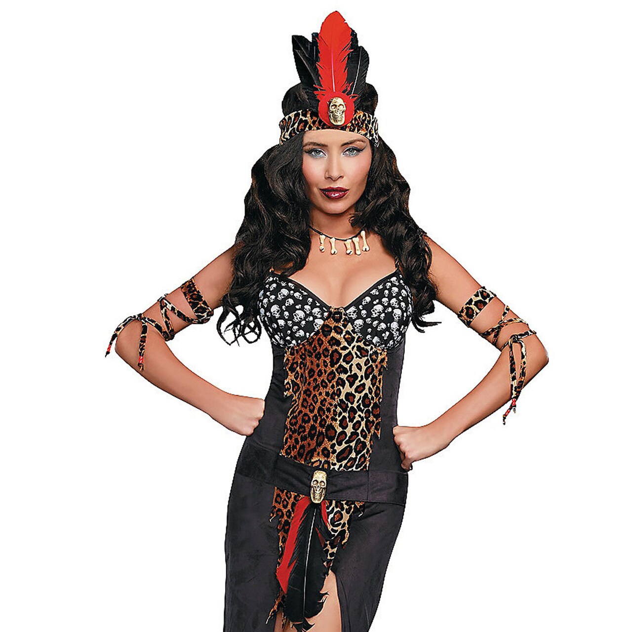 Womens Voo Doo Priestess Costume Leopard Print Dress With Feathered Headband